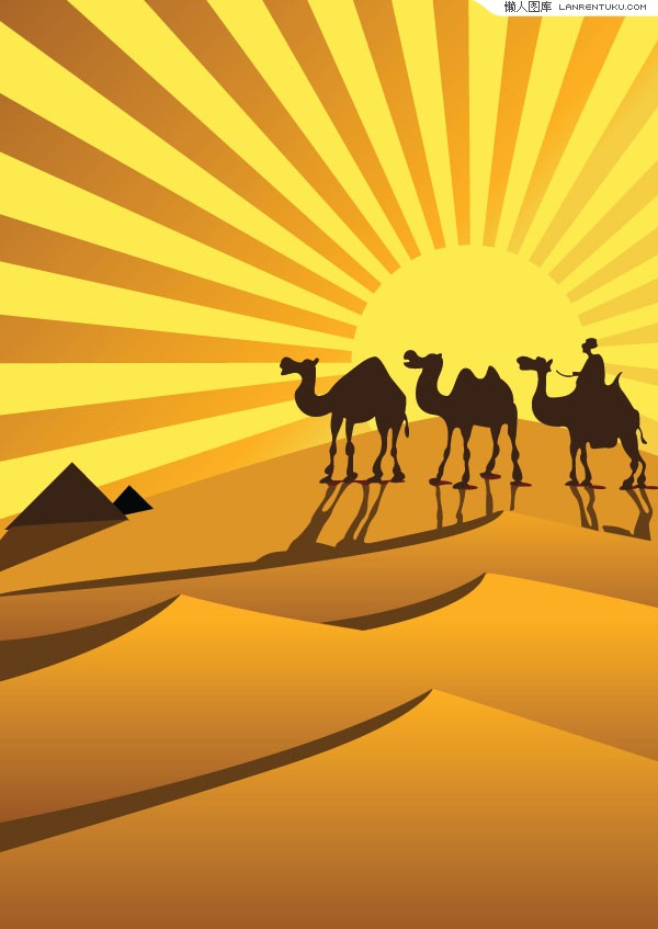 ai格式,含jpg预览图,关键字:矢量风景,沙漠,金色,太阳,骆驼,放射线