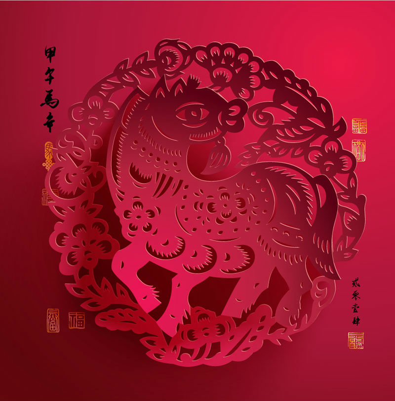 可爱马年剪纸背景矢量素材