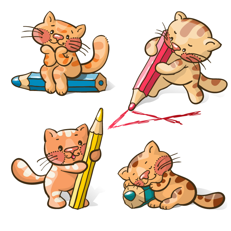 4款卡通猫咪与铅笔矢量素材