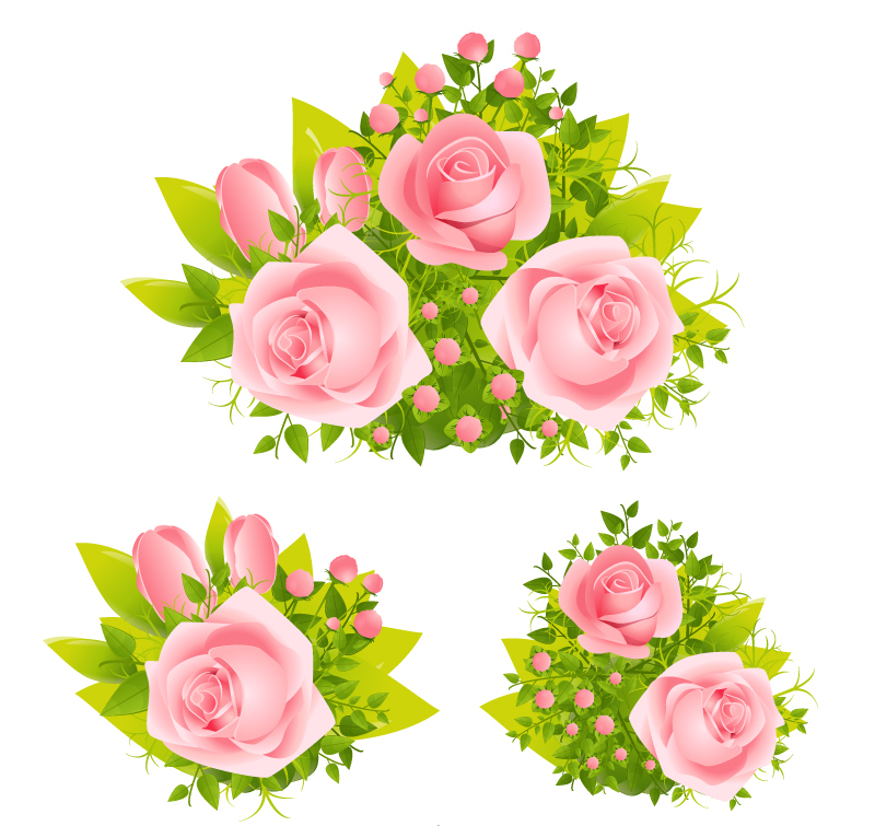3组精美粉色玫瑰花矢量素材