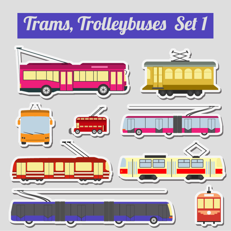 9款有轨和无轨电车贴纸矢量图
