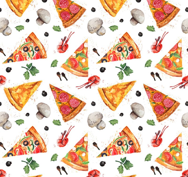 三角披萨和蘑菇无缝背景矢量图_食品果蔬