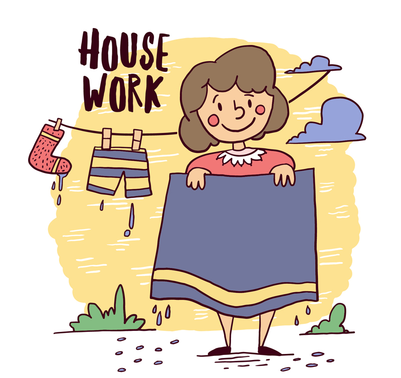 卡通做家务晾衣服的女子矢量素材