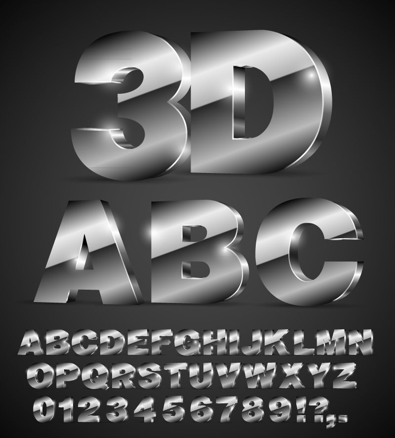 40个银色3d字母和数字设计矢量图