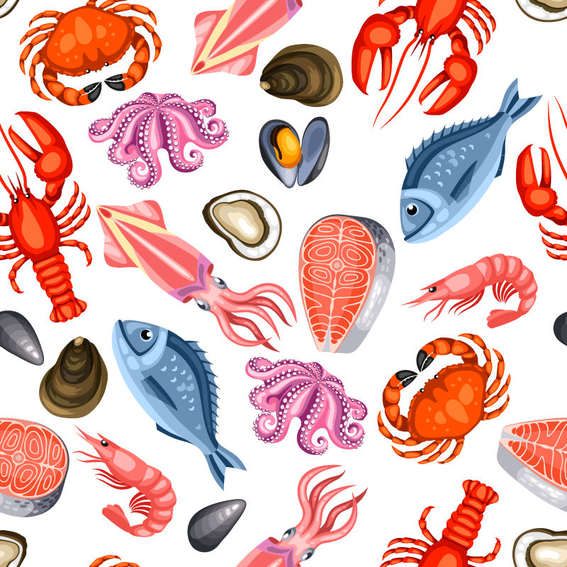 关键字:鱼排,螃蟹,贝壳,章鱼,龙虾,鱿鱼,海洋,动物,无缝背景,海鲜