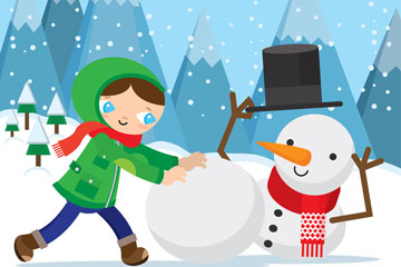 可爱滚雪球的女孩和雪人矢量素材