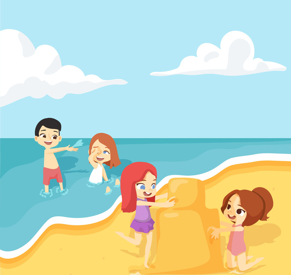 卡通海边沙滩玩耍的4个孩子矢量素材_矢量人物_懒人