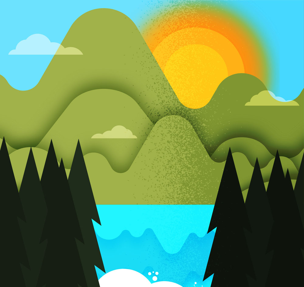 创意山和太阳湖泊风景矢量图