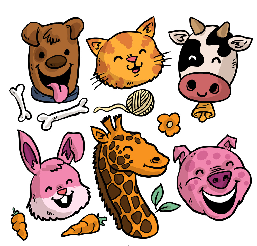 6款彩绘笑脸动物头像矢量素材