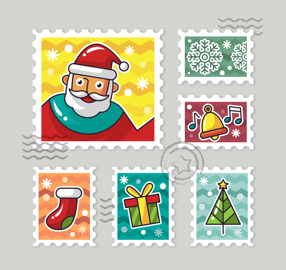 6款创意彩色圣诞节邮票矢量素材