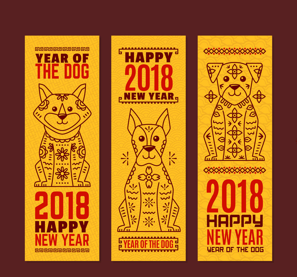 含jpg预览图,关键字:春节快乐,2018年,花纹,狗年,狗,banner,矢量图