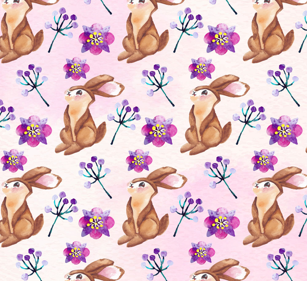 水彩绘兔子和花卉无缝背景设计矢量图