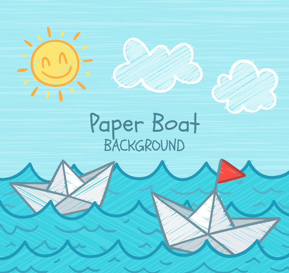彩绘大海里的纸船矢量素材