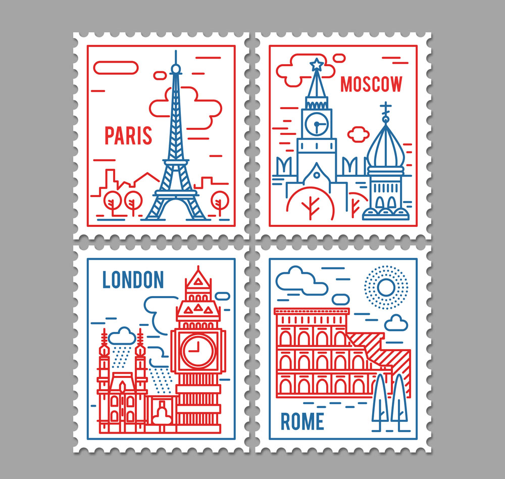 4款彩绘著名景点邮票矢量素材