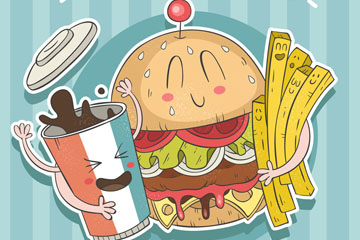 彩绘美味汉堡包可乐薯条贴纸矢量