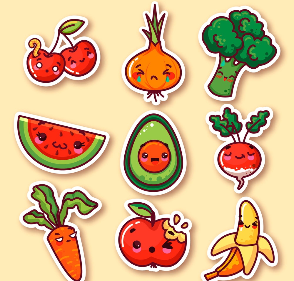 9款可爱表情蔬菜和水果贴纸矢量图