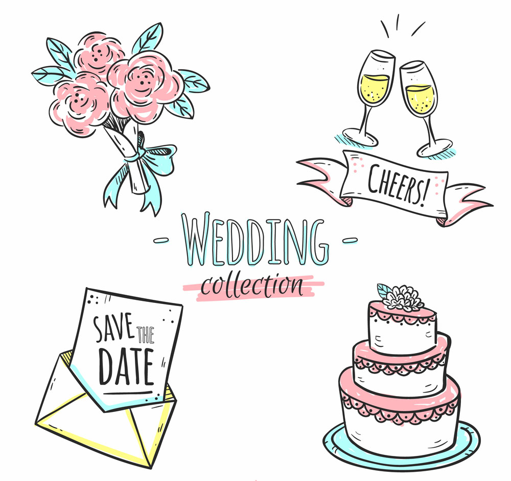 含jpg预览图,关键字:玫瑰花,捧花,香槟酒,条幅,请柬,婚礼蛋糕,手绘