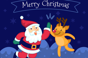 可爱拍手的圣诞老人和驯鹿矢量图
