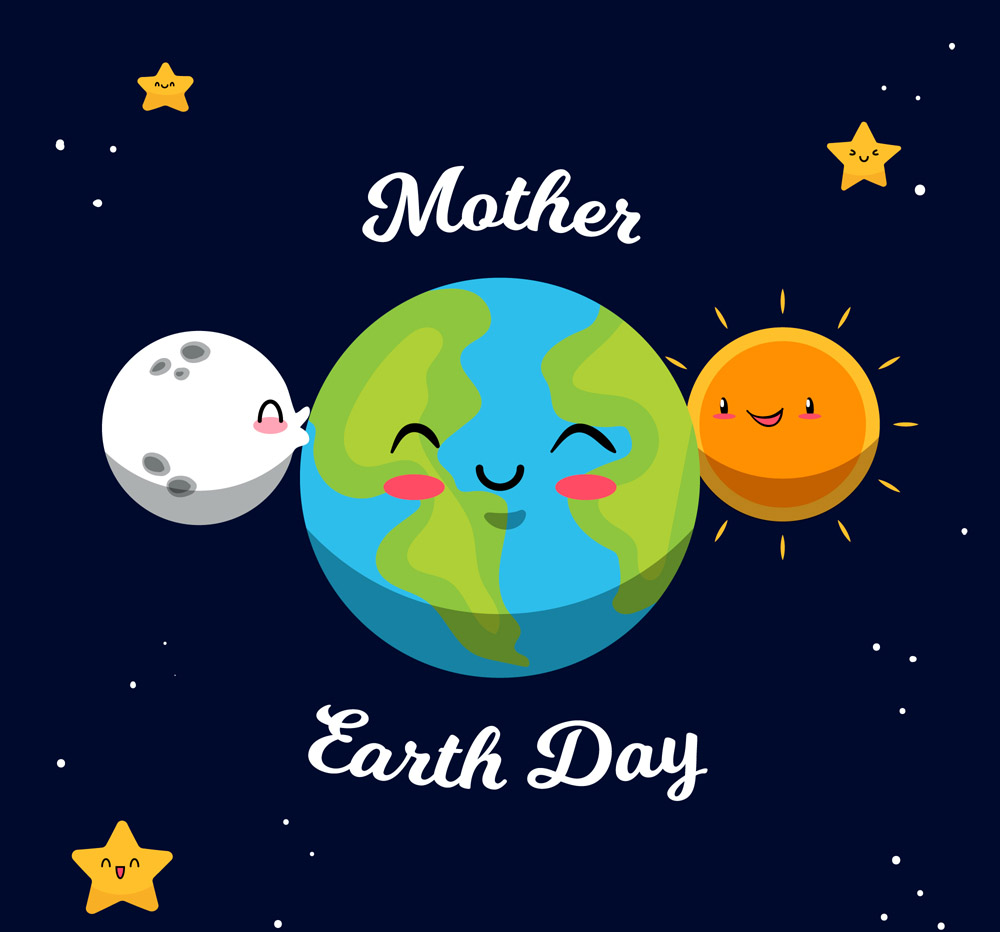 关键字:mother earth day,可爱,世界地球日,地球,月亮,太阳,星星,笑脸