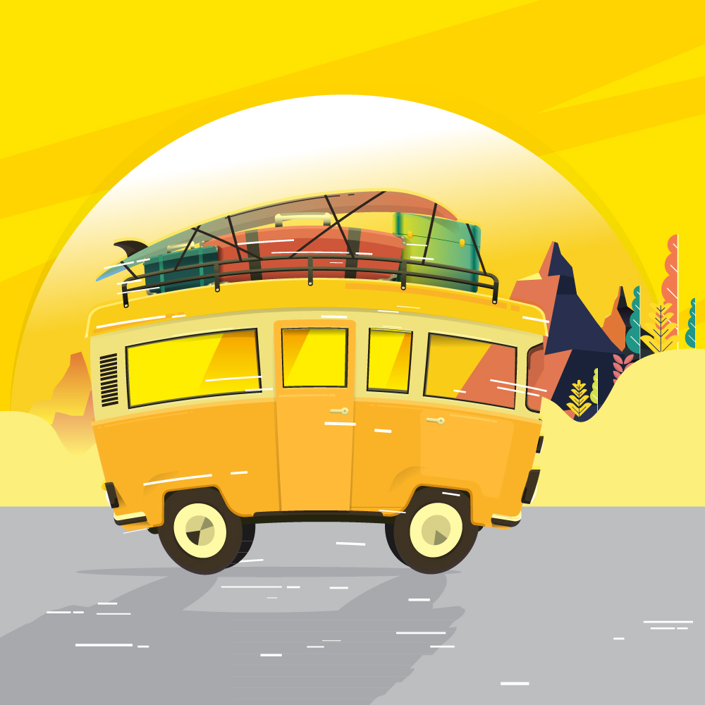 创意装满行李的的黄色旅行车矢量图
