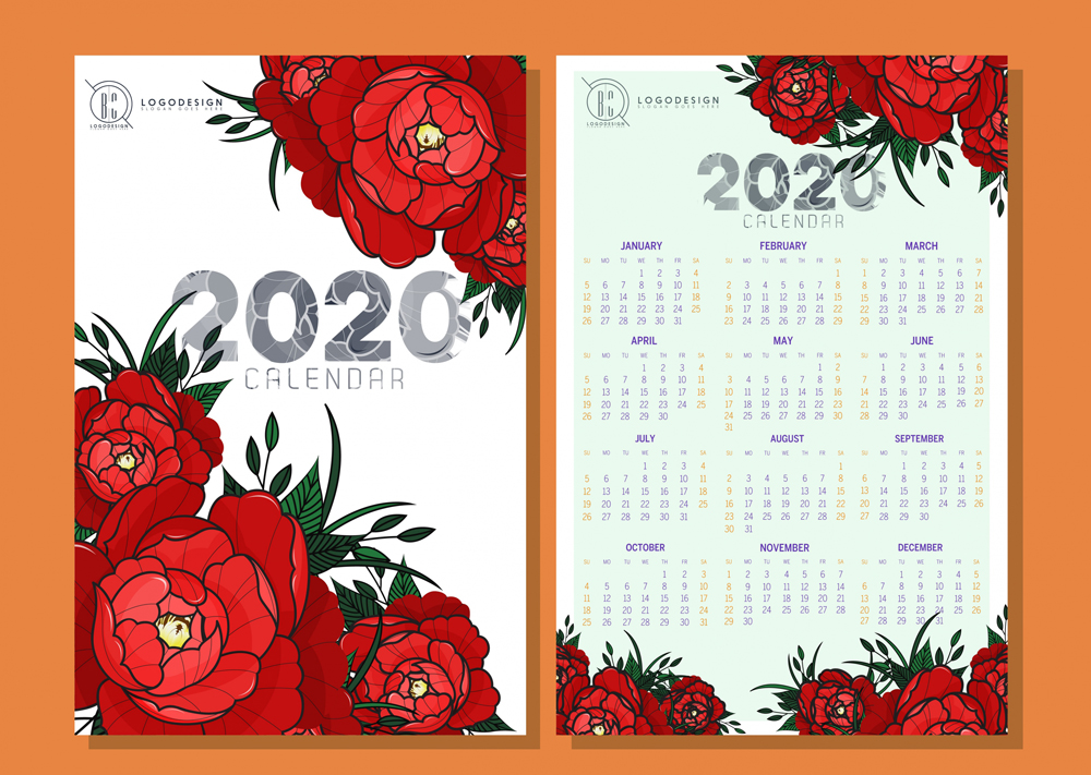 2020年红色花卉年历正反面矢量图