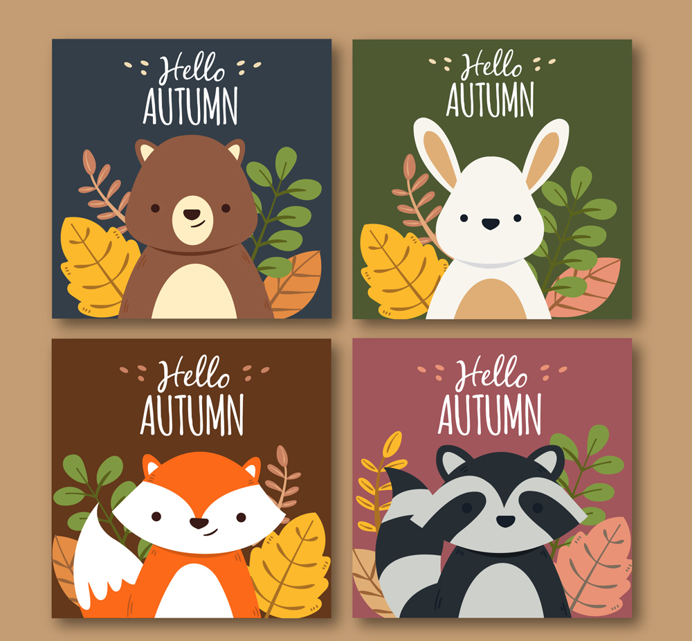 4款卡通秋季动物卡片矢量素材