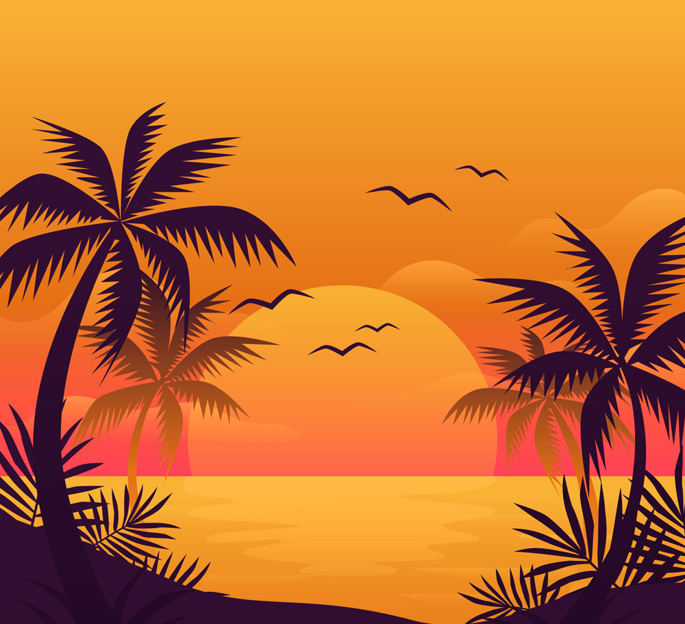 创意夕阳沙滩大海风景矢量图