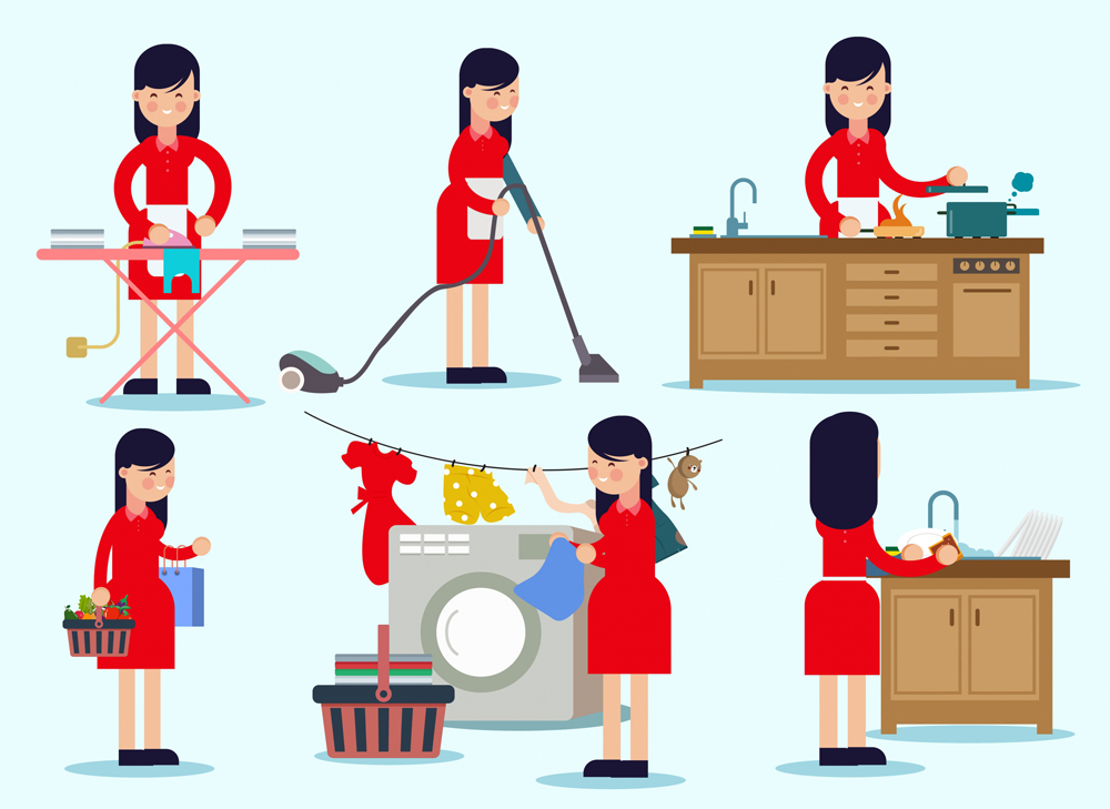 6款创意做家务活的女子场景矢量图