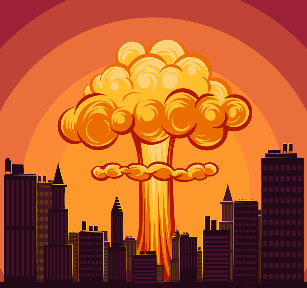 创意城市上空爆炸升起的蘑菇云矢量图