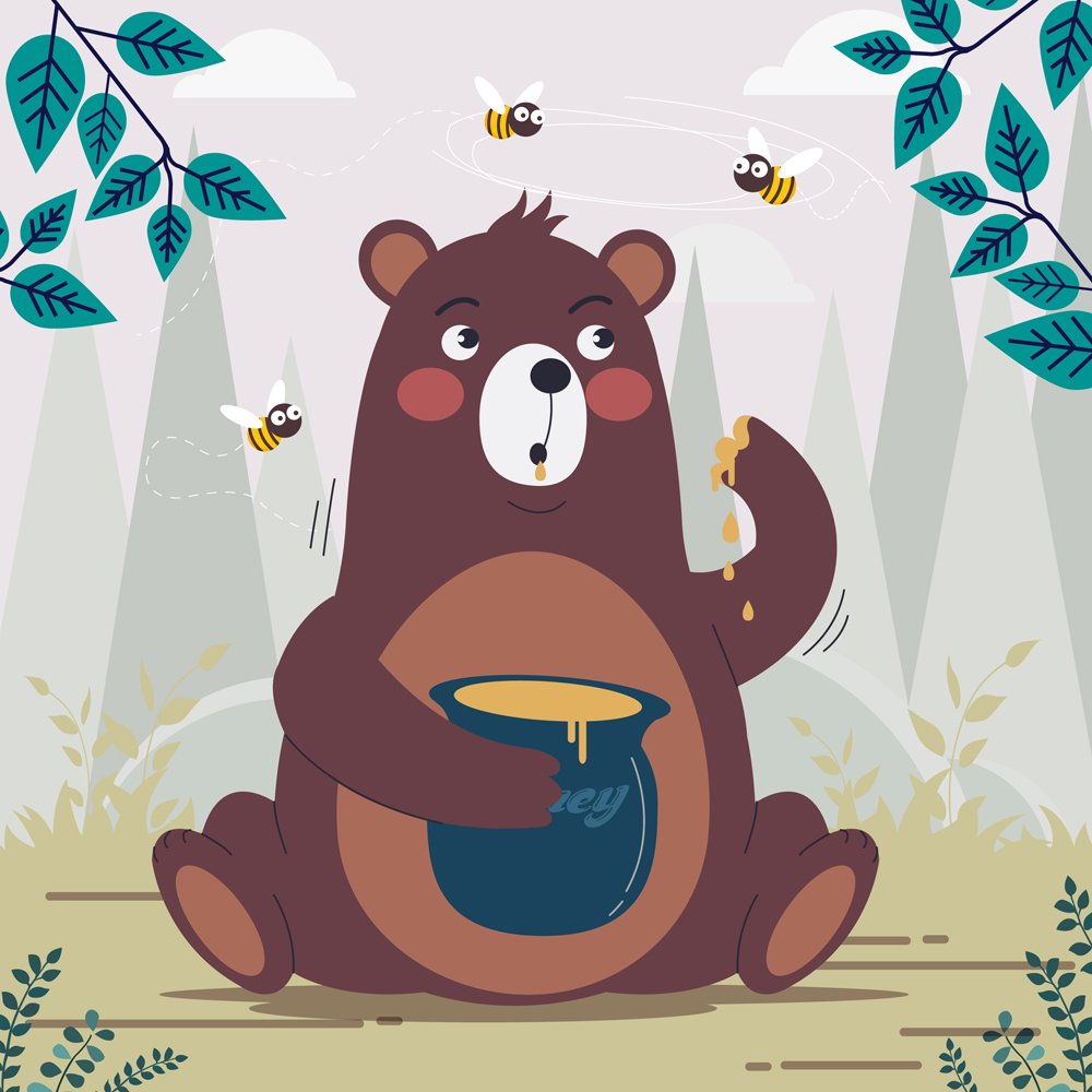 ai格式,含jpg预览图,关键字:山,可爱,棕熊,蜂蜜,树木,森林,蜜蜂,矢量