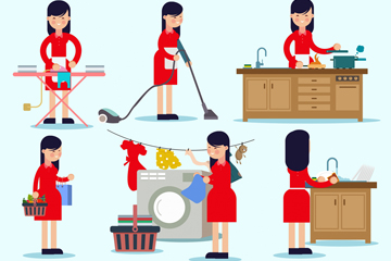 6款创意做家务的女子场景矢量素材