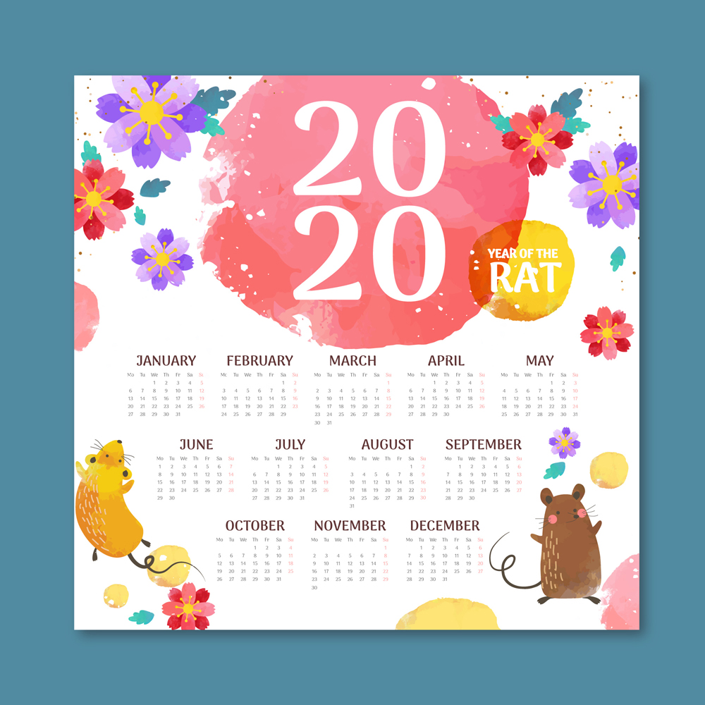 2020年彩绘花卉和老鼠年历矢量图