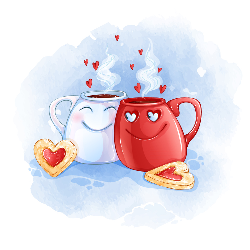 ai格式,含jpg预览图,关键字:温暖,卡通,热咖啡,咖啡杯,情侣,点心,饼干