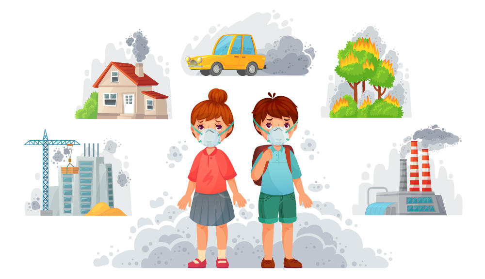 卡通戴口罩儿童和5款环境污染场景矢量图