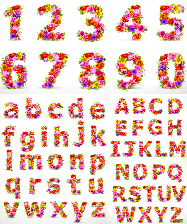 花朵组成的数字和字母矢量素材 矢量字体 懒人图库