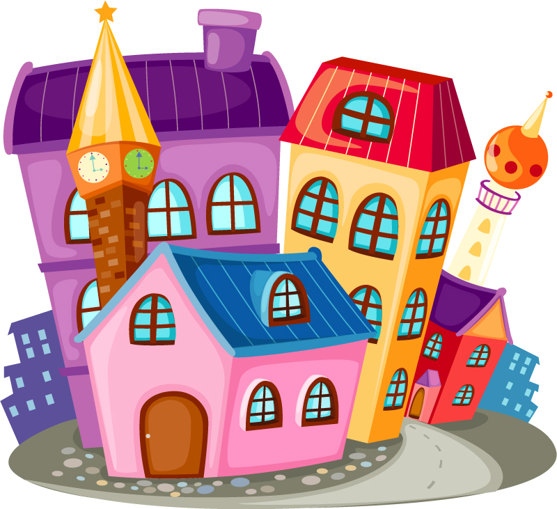 eps格式,含jpg预览图,关键字:卡通,建筑,房屋,烟筒,楼房,彩色,矢量图