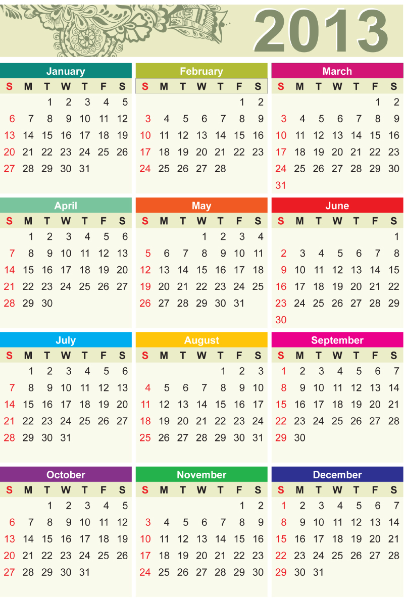 2013年日历全年表图片图片
