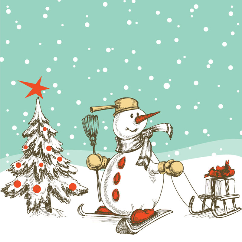 关键字:圣诞节,雪花,雪地,圣诞树,圣诞雪人,雪橇,礼物,手绘,插画,冬季
