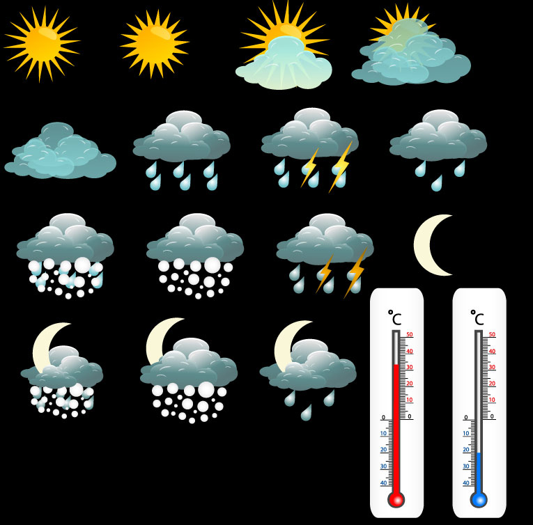 含jpg预览图,关键字:太阳,云朵,雨雪,图标,月亮,温度计,天气,天气预报