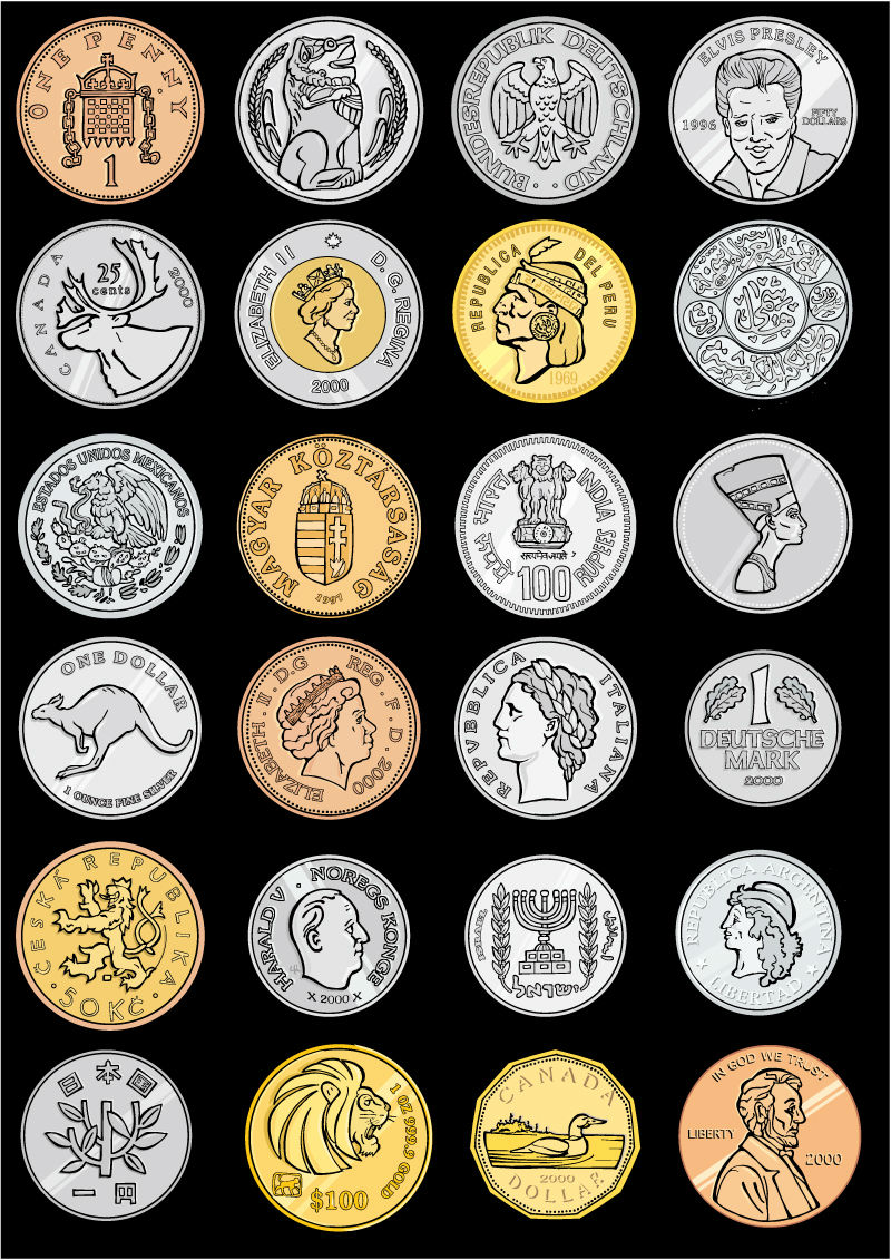 24个世界各国硬币设计矢量素材