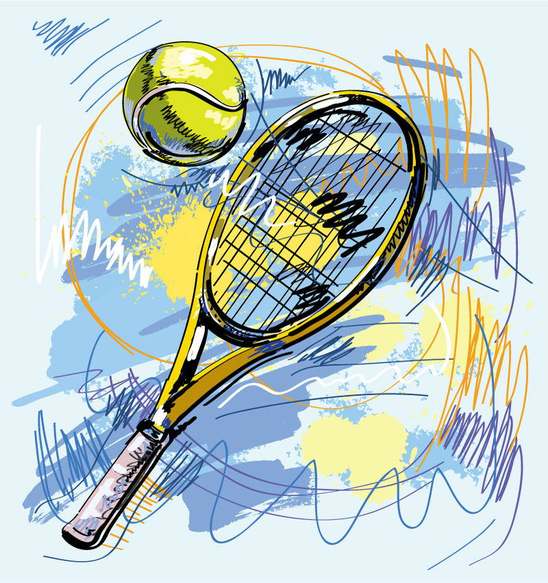 手绘网球拍插画矢量素材