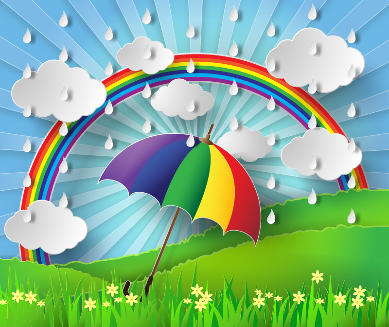 雨季雨伞与彩虹剪贴画矢量素材
