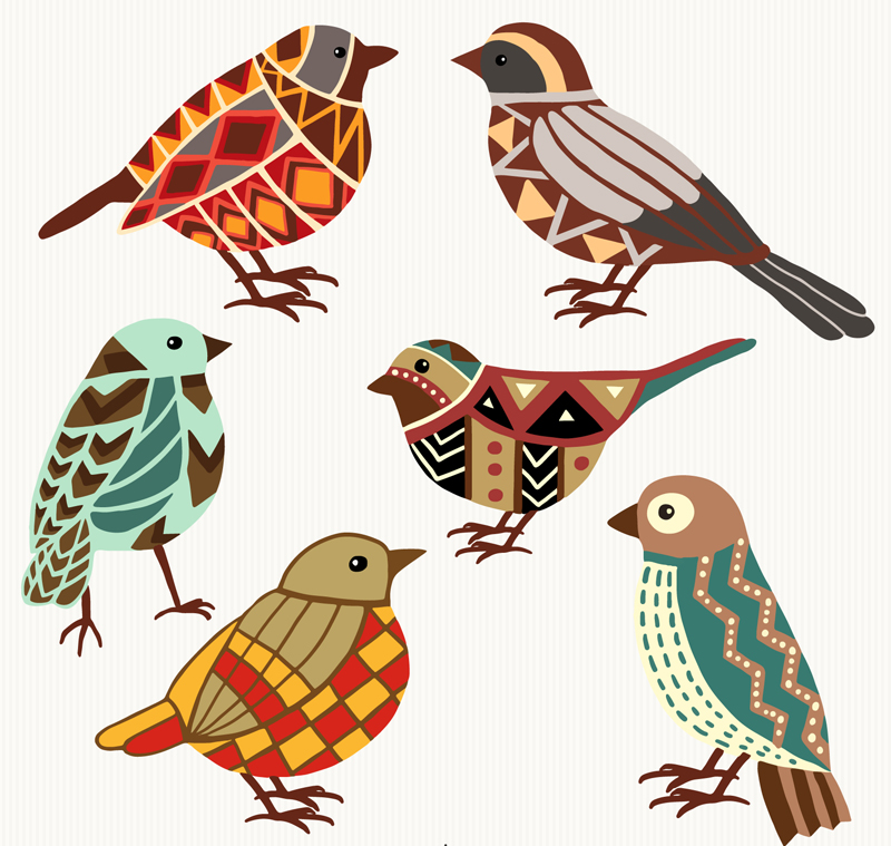 6款彩色花纹鸟设计矢量图