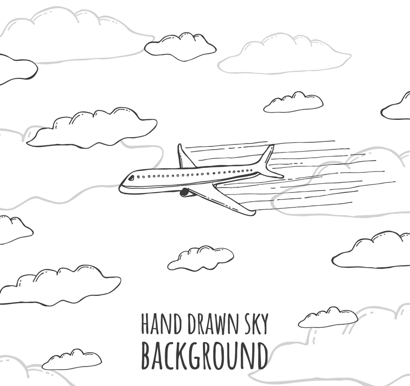 手绘云层中的飞机矢量素材