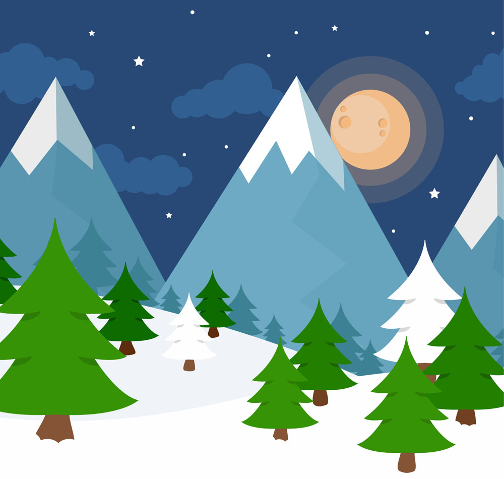冬季夜晚雪山与森林风景矢量图