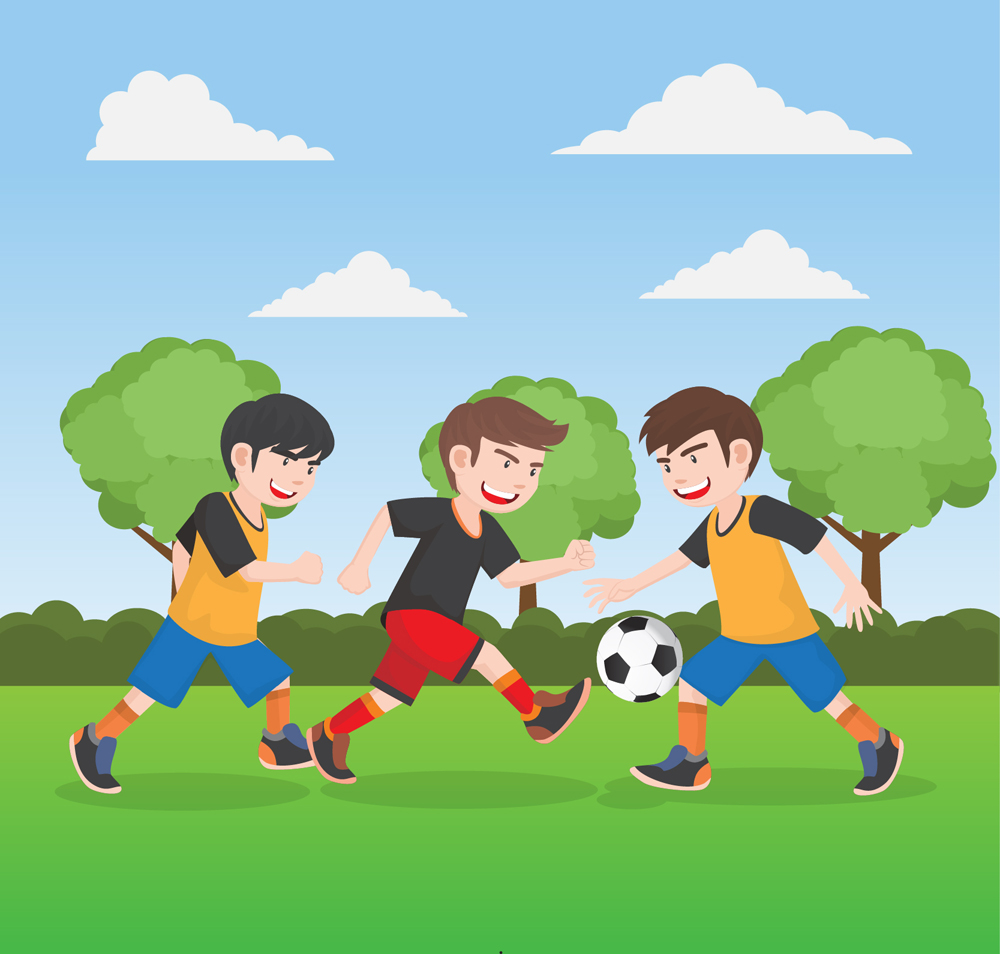 3个草地上踢足球的男孩矢量图