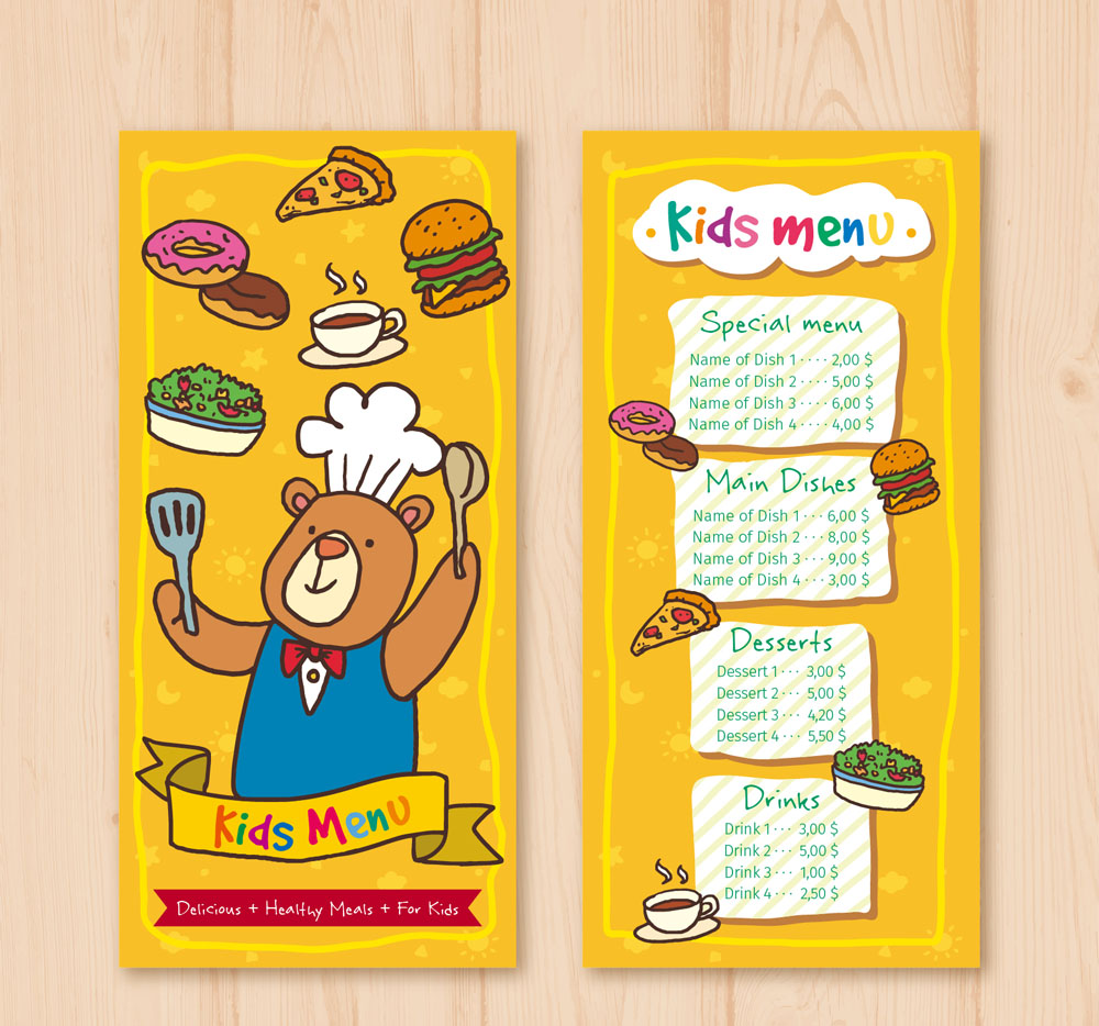 可爱熊厨师儿童菜单矢量素材