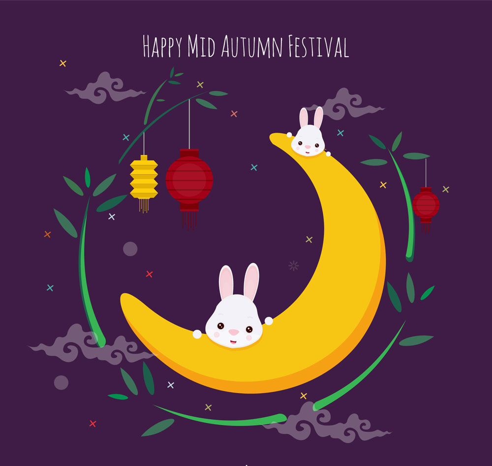 可爱中秋节月亮上的兔子贺卡矢量图