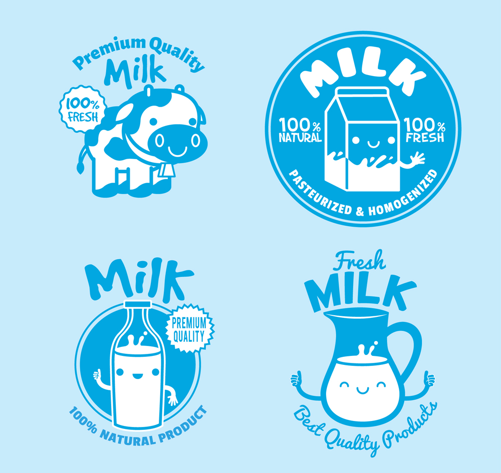4款可爱蓝色牛奶标签矢量素材