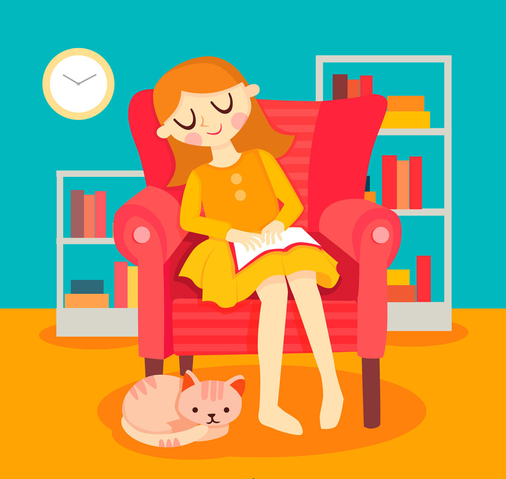 卡通沙发上睡着的读书女孩矢量素材